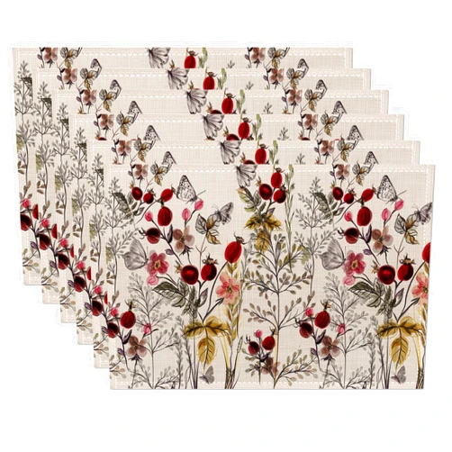 CIAIDU Vintage Floral Plant Placemats Set of 6,Butterfly Flower Linen Washable Kitchen Dining Table Mats Heat Resistant Place Mats for Home Party Indoor Holiday 12x18 Inch