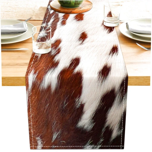 LXXTK Linen Cow Print Table Runner 13x71 Inch Farmhouse Western White Brown Cowhide Runners Table Decorations Rustic Coffee Table Runner for Home Kitchen Dining Room