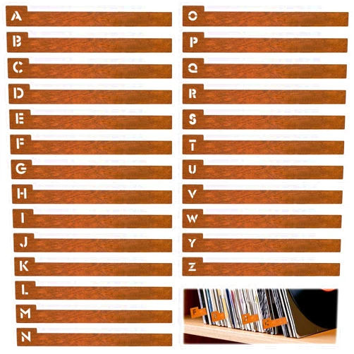 simarro 26Pcs Vinyl Record Dividers A-Z, Wooden Vinyl Record Dividers Alphabetical Record Clip Dividers Record Alphabet Separator Album Letter Organizer CD DVD Media Book Shelf Storage