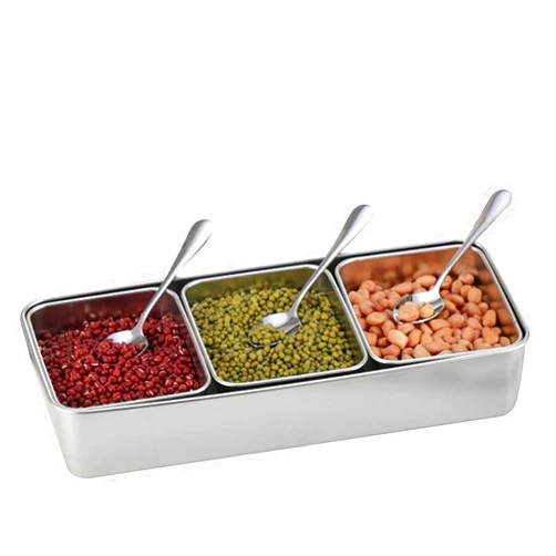 NYSUZHOUJI Stainless Steel Seasoning Box 3 Compartment Kitchen Spice Pots Condiment Storage Container with Lid and Spoons for Salt Sugar Pepper Beans