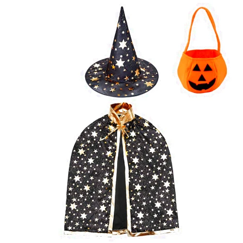 Jackcell Wizard Cape Witch Cloak with Hat and Pumpkin Bag, Halloween Costume Props for Kids Cosplay Party