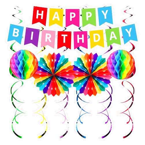 UNIIDECO Colorful Happy Birthday Decoration Kit, Including Rainbow Pom Poms, Banner, Swirls, Bday Decor For Men Women Kids Boy Girl, The Colored Office Birthday Decorations, Candy Party Supplies
