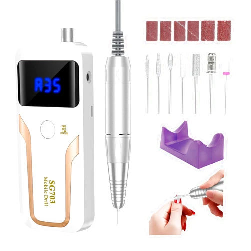 MOCOWIND Portable Nail Drill Professional 35000 RPM, Rechargeable Electric Nail File Machine E File for Acrylic Nails Gel Polishing Removing, Cordless Efile with Bits Kit for Manicure Salon Home, White