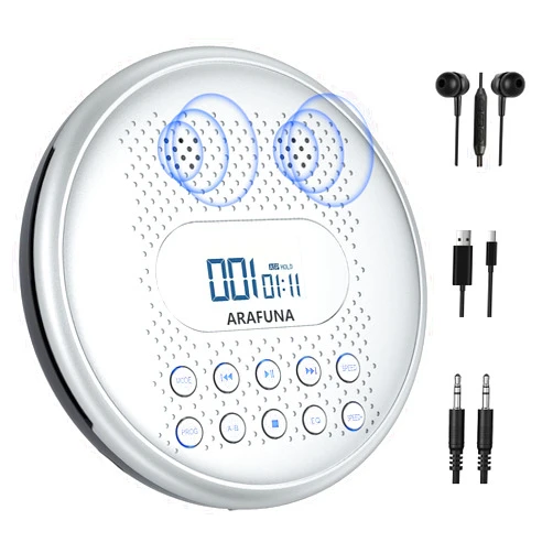 ARAFUNA CD Player Portable, Rechargeable Portable CD Players for Car with Speakers, Anti-Skip Walkman CD Player with Backlit Button, LCD Display and AUX Cable