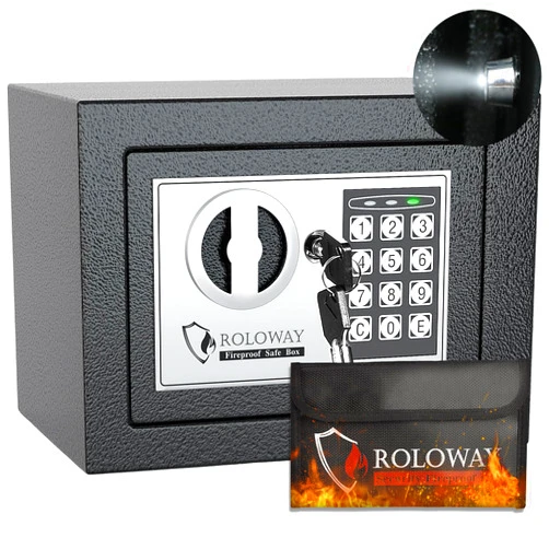 ROLOWAY Steel Money Box with Keys for Home with Fireproof Money Bag for Cash Hidden, Security Lock Box Fireproof Safe with Keypad Lock (Silver)