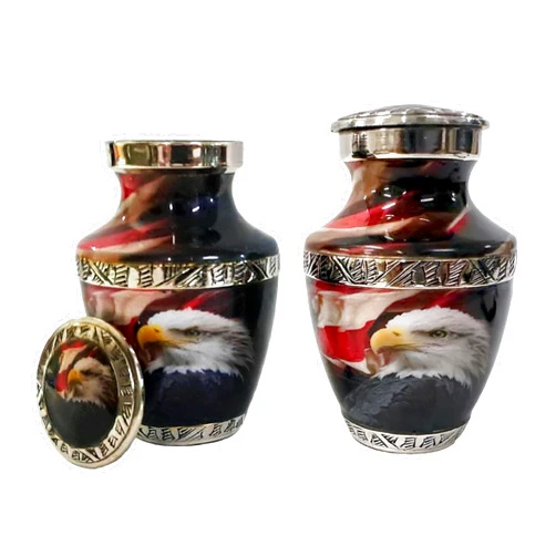 Artizans Cremation Urns Handcrafted Cremation Urn Memorial Container Jar Pot | Beautiful Keepsake for Ashes, Funeral Urn Human Ashes | American Flag with Eagle -(Silver, Small) (Pack of 2)
