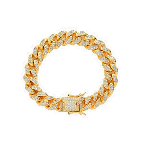 Generic 18k Gold Men's Cuban Chain Miami Cuban Bracelet Diamond Cut Solid Chain Men's 12mm Ice Crystal Hip Hop Jewelry