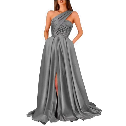 Husplu Satin One Shoulder Prom Dresses for Women 2024 Lace Appliques Formal Evening Dresses with Pockets