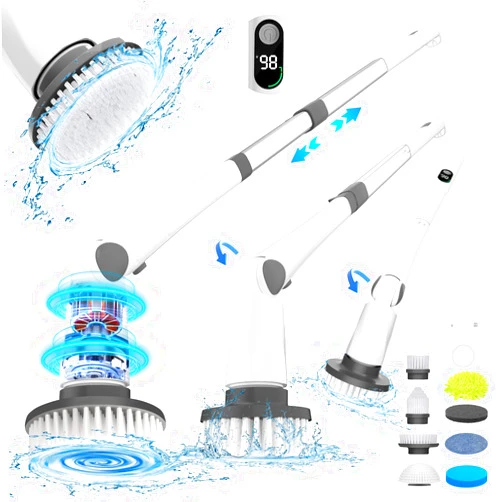 Laufary Electric Spin Scrubber, Cordless IPX7 Waterproof Power Spin Scrubber with Long Handle,101 lbs Torque Shower Scrubber with 9 Brush Heads, 2 Speed Mode 3 Adjustable Angles for Cleaning for Bathroom Tile