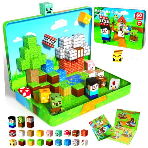 ToyUnited 60 PCS Magnetic Blocks with Metal Box, 0.8in Mini Magnetic Building Cubes STEM Educational Toys for Kids Ages 3+ Boys Girls, Travel Airplane Classroom Play, Birthday Christmas Toy Gifts