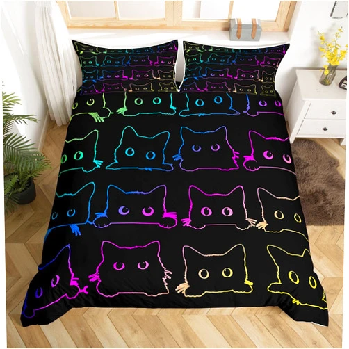 Erosebridal Cute Cats Duvet Cover Queen Kawaii Cat Pet Bedding Set for Teens Children Colorful Neon Ombre Kawaii Animal Line Comforter Cover Lovely Cat Lovers Room Decor Reversible Black Quilt Cover