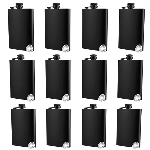 MMonDod Hip Flasks for Liquor for Men 8 oz 12 Bulk with Funnel Set Black Matte Metal Stainless Steel for Drinking Whiskey Alcohol Groomsmen (Black Matte Cap)
