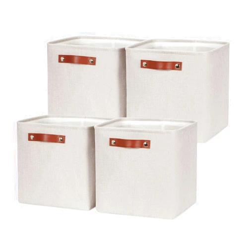 HNZIGE Cube Storage Baskets,Linen Storage Baskets for Shelves(4 Pack) Fabric Storage Basket for Toys,Baskets for Storage,Foldable storage cubes 11x11x11 for Books,Towels,Closet with Handles(Cream)