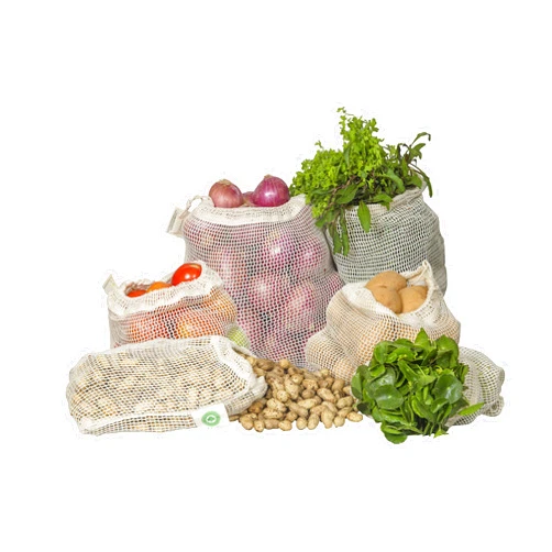 Organic Cotton Mart Reusable Cotton Mesh Produce Bags - 100% Organic Cotton, Durable, Double Stitched, Washable with Tare Weight & Drawstring - Mesh Bags for Grocery Shopping, Vegetables & Fruits | 6 Bags (2L, 2M, 2S)