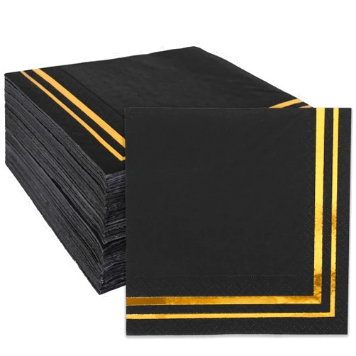 Whaline 100Pcs Gold and Black Cocktail Napkins Gold Foil Paper Napkin Thick Disposable Dessert Beverage Napkin for Birthday Anniversary Graduation Holiday Party Supplies