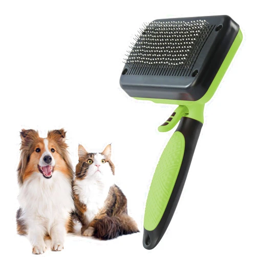 DAVEMED Dog & Cat Hair Brush,Self Cleaning Slicker Brush for Long Short Hair,Shedding & Grooming Pet Brush with Soft Bristle and Release Button,Green