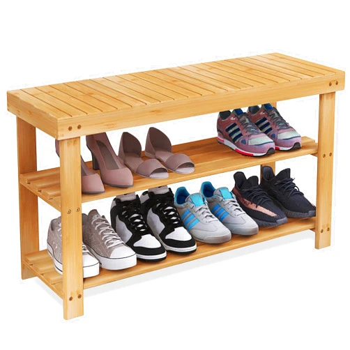 SMIBUY Bamboo Shoe Rack Bench, 3-Tier Shoe Organizer Storage Shelf for Entryway Hallway Bathroom Living Room (Natural)