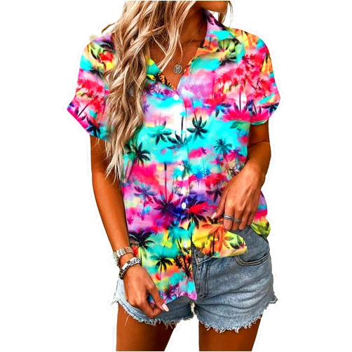 UNIQUEONE Women Hawaiian Shirt Soft Cool Summer Hawaii Tshirts Beach Tropic Print V Neck Button up Tops Floral Short Sleeve Tops