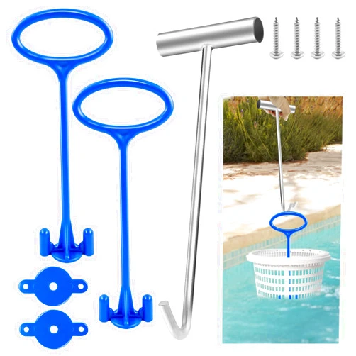 Hlimior 2 Pcs Pool Skimmer Basket Handle with Pool Skimmer Basket Hook, Universal Pool Basket Cleaning Tool Suitable for All Skimming Baskets, Pool Filter Basket Handle Cleaning Tool，Pool Accessories