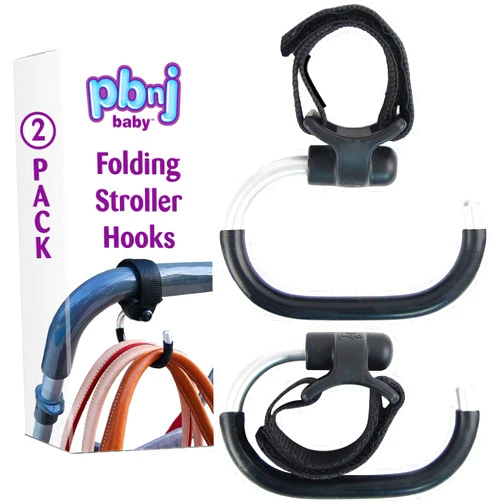 PBnJ Baby Stroller Hooks for Hanging Diaper Bags - Mommy Stroller Clip and Stroller Accessories Organizer Hook - Large Carabiner Clips for Mom Purse Shopping Grocery Bag and Accessory - (2 Pack) (Foldable)