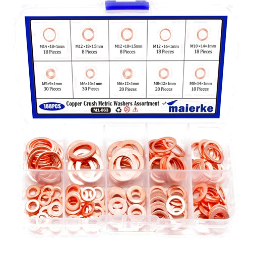 Maierke 188PCS 9 Sizes Metric Copper Crush Washers Assortment Kit Flat Ring Sealing Washer M5 M6 M8 M10 M12 M14
