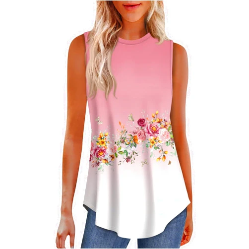UDAUDU Womens Summer Tank Top 2025 Sleeveless Casual Loose Fit Blouses Scoop Neck Flower Print Tunic Cute Tops