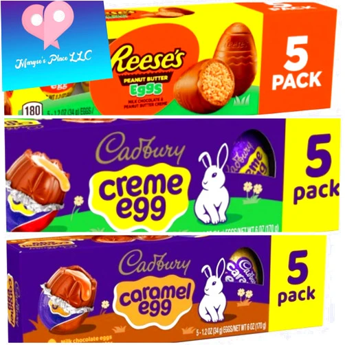 Maryse's Place Maryseplace Easter eggs Variety packs of 3 Flavors- 15 Eggs totals- Peanut Butter Eggs- Cadbury Creme Eggs - Caramel Creme Eggs- Easter Chocolate - Gift Boxed, Easter Hunt, Easter Candy- Basket & Filler, Party Decor (15 Eggs) . Come With Maryse Place Fridge Sticker