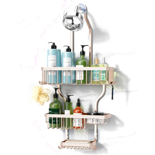YASONIC Shower Caddy Hanging - Never Rust Shower Organizer - Aluminum over The shower head caddy with 10 Hooks for Razor/Sponge - Shower Rack with Soap Basket - Rose Gold