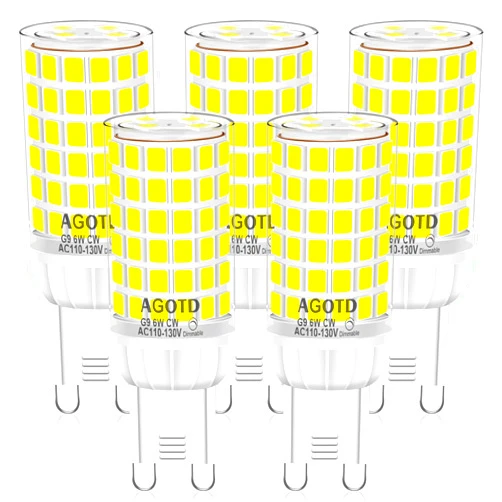 AGOTD G9 LED Bulb 6W, Dimmable Daylight White 6000K, 658LM LED Light Bulb, T4 40W 50W 60W Halogen Replacement G9 Bi Pin Base, No-Flicker, Chandelier Lighting, 5 Pack
