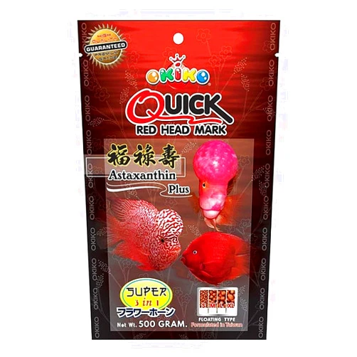 OKIKO Flowerhorn Fish Food Floating Pellets Small 1 MM Head Up Quickly Huncher Formula High Protein Tropical Fish Feed Astaxanthin Plus Color Enhancing Healthy Fast Growth (17.63 oz - Red)