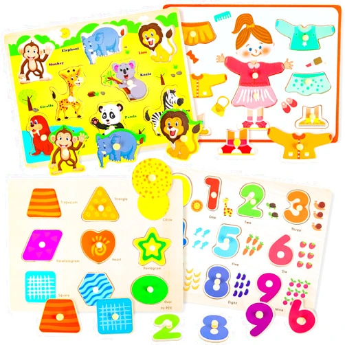 Spxkd Wooden Peg Puzzles for Toddlers 1-3 Montessori Baby Learning Toys 4 PCS Educational Wooden Puzzles Numbers Shapes Animals Traffic and Clothes Great Preschool Gifts for Ages 1 2 3 Girls and Boys