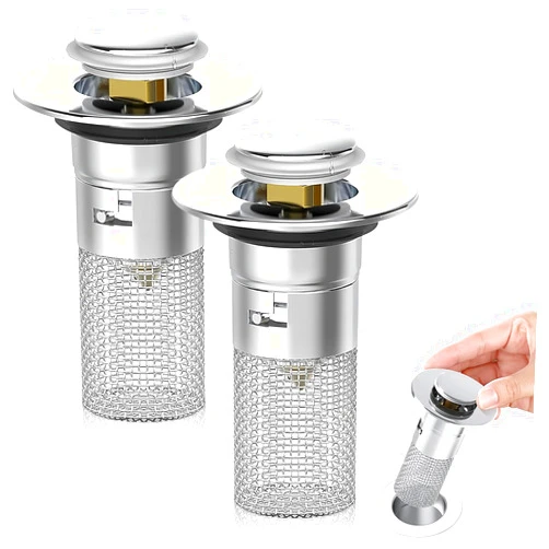 UOIXPUHUO 2Pcs Bathroom Sink Stopper, Pop Up Bathroom Sink Drain Strainer with Removable Stainless Steel Filter Basket Brass Bullet Core Drain Hair Catcher Tub Stopper Fit 1.34''-1.57'' Hole