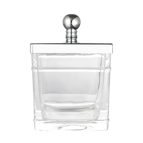 Indecor Home Apothecary Glass Cotton Jar Holder – Silver Stainless Steel Lid, Elegant Bathroom Storage Canister for Qtips, Cotton Balls, Floss, Makeup Organizer, Vanity & Bathroom Organization