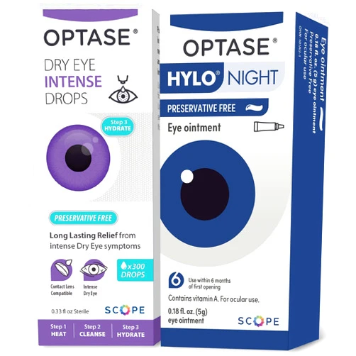 Optase Dry Eye Intense Drops & HYLO Night Ointment Bundle - Day & Night Dry Eye Relief - Drops & Ointment for Long Lasting Hydration - Preservative Free - Doctor Recommended