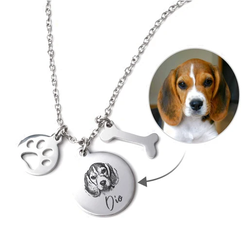 papasgix Personalized Pet Portrait & Name Necklace, Handmade Customized Pet Memorial Necklace Jewelry, Photo Engraved Necklace, Dog Cat Necklace Pets Gifts for Animal Lover, Dog Mom and Dad