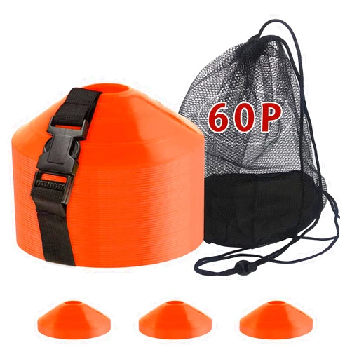 DUNCHATY 60-Pack Soccer Cones - Agility Flat Disc Cones with Carry Bag & Strap - Small Training Field Markers for Football Basketball Lacrosse - Indoor/Outdoor Sport Drills