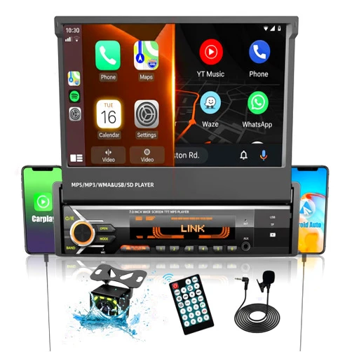 SEMAITU Upgraded Single Din Car Stereo with Apple CarPlay & Android Auto, 7-inch Motorized Flip-Out Touchscreen, Bluetooth, HD Backup Camera, Mirror Link, AM/FM Radio, AUX Input