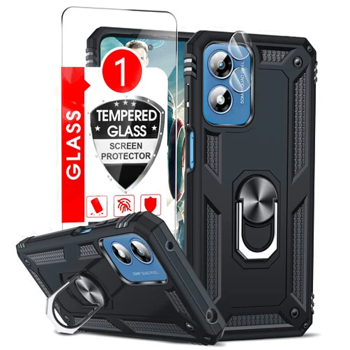 LeYi for Moto-G-Play-2024-Case: Motorola G Play 2024 Case with Screen Protector and Camera Lens Protector, Military-Grade Phone Case Cover with Magnetic Ring Stand Motorola GPlay 2024 XT2413, Black