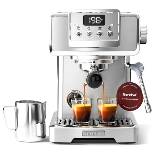 Neretva Espresso Machine, Professional Stainless Steel Espresso Maker 15Bar Instant Heating Espresso Coffee machine with Pressure Gauge/Milk Frother for Home Barista, Latte Machine, Cappuccino Machine