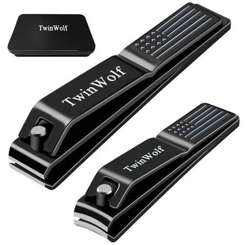 TwinWolf Nail Clippers Set, Ultra Sharp Sturdy Fingernail and Toenail Clipper by American Flag Pattern Handle,Built-in Nail File Stainless Steel Nail Clipper Cutter for Men and Women,Black,2-Pack