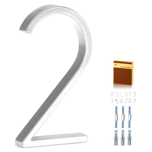YIPLED 5 Inch House Numbers for Outside, Metal Address Number 2 - Modern Design, Weather-Resistant Silver Powder Coated Finish, No Fading (Silver)