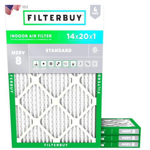Filterbuy 14x20x1 Air Filter MERV 8 Dust Defense (4-Pack), Pleated HVAC AC Furnace Air Filters Replacement (Actual Size: 13.50 x 19.50 x 0.75 Inches)