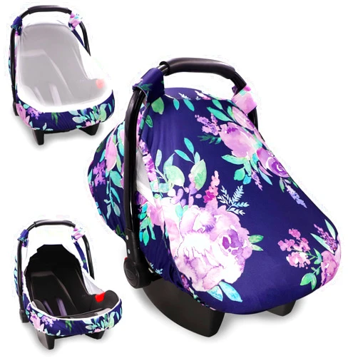 TANOFAR Baby Car Seat Cover, Purple Flower, Infant Carseat Canopy Girls, Summer Cozy Net Cover, Breathable Comfortable, Watercolor Floral