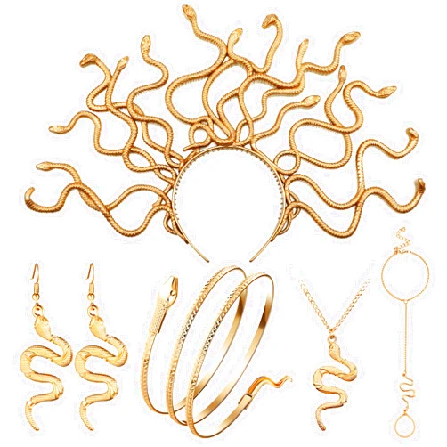 BBTO 5 Pcs Halloween Medusa Snake Costume Medusa Headpiece Headband Necklace Earrings Ring Bracelet for Women Accessories