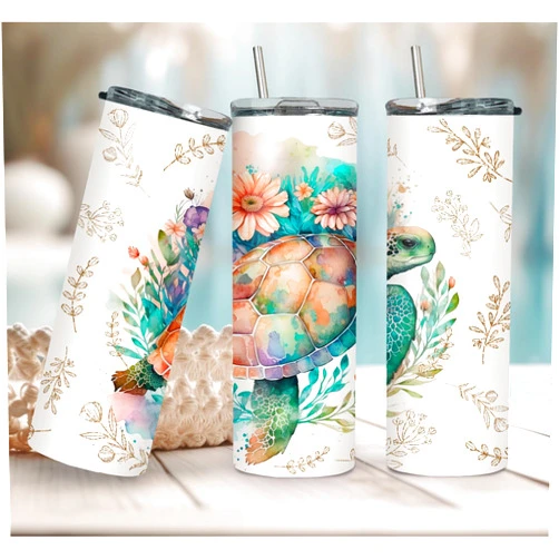 Yatac 20 Oz Insulated Tumbler with Lid, Cute Cartoon Character Double Wall Vacuum Thermos Coffee Travel Tumbler, Birthday Gifts for Friends, Gifts for Family Members (Boho Floral Sea Turtle), Skinny