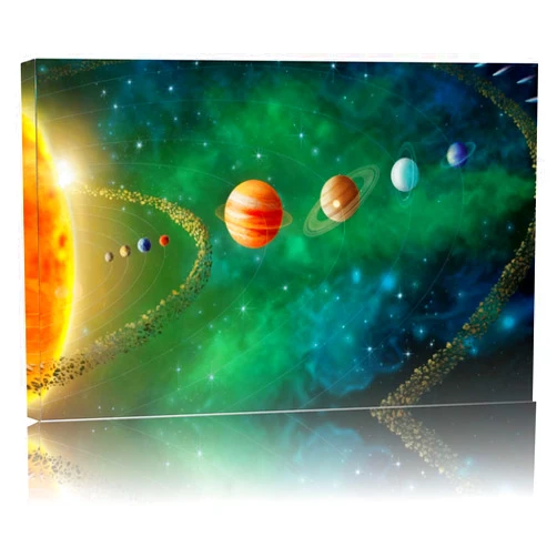 DUFIPOR 12x16 Framed Solar System Space Canvas Wall Art Green Galaxy Planets Astronomical Decor Kids Bedroom Cosmic Wall Pictures Teen Boy Room Universe Galaxy Poster Child Office Study Room Art Prints