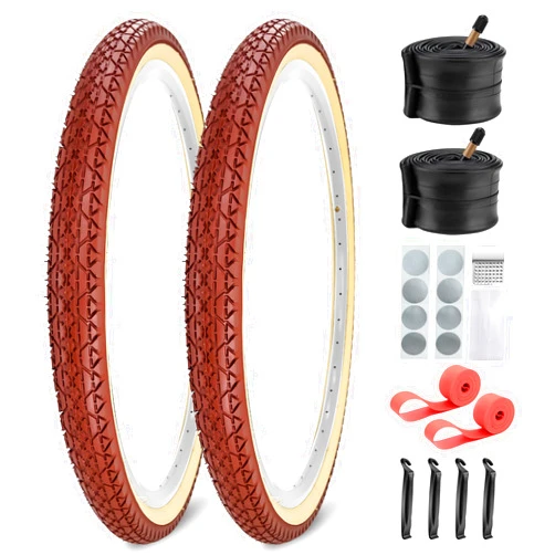 SIMEIQI 2 Pack 24”x2.125“ / 26“x2.125” / 26“x2.35” Inch Beach Cruiser Bike Tires and Tubes AV 32mm Brown Cream Wall with Rim Strips for Retro Beach Commuter Hybrid Bicycles