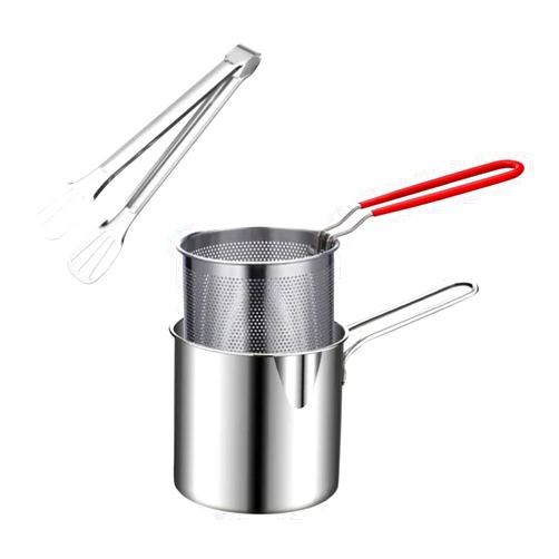 UPKOCH Stainless Steel Frying Pot Noodle Strainer with Handle Deep Frying Pan Japanese Tempura Fryer with Mesh Basket and Tong for French Fries Chicken Kitchen Use 23.5X4.5X1.5CM