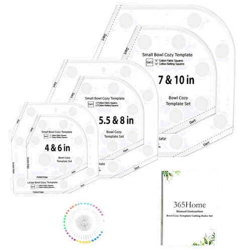 365Home Bowl Cozy Template 3 Sizes, Bowl Cozy Pattern Template Cutting Ruler Set with 40 Pcs of Sewing Pin and Manual Instruction