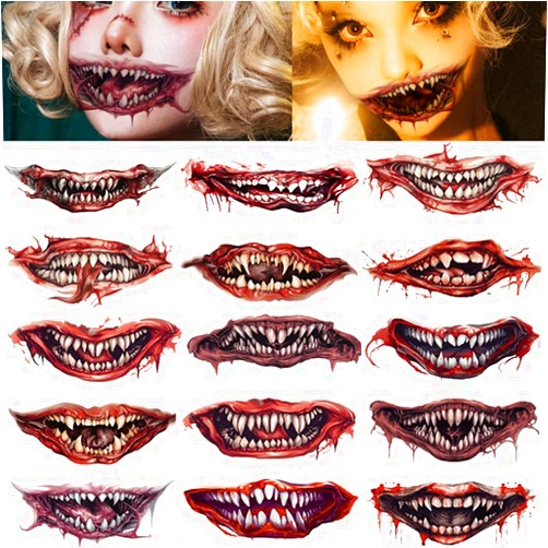 LEOARS Big Mouth Temporary Face Tattoos, Day of the Dead Sugar Skull Mouth Tattoo for Women Men Kids Halloween Costume Makeup,15-Sheet